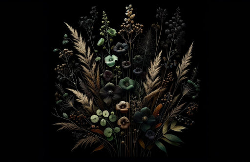 Green Flower Mural Wallpaper | Verdant Toned Bouquet on Black Background