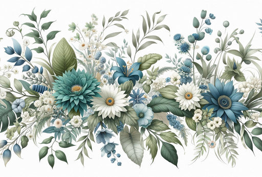 Floral Mural Wallpaper | Green, White, and Blue Floral and Foliage Composition