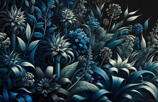 Floral Mural Wallpaper | Stylized Foliage and Flowers in Shades of Midnight Blue and Silvery