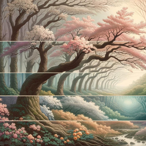 Forest Mural Wallpaper | Stylized Trees Throughout the Seasons with a Soft Color Palette
