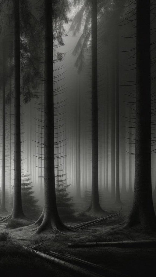 Forest Mural Wallpaper | Mysterious Mist Amongst Tall Black and White Conifers