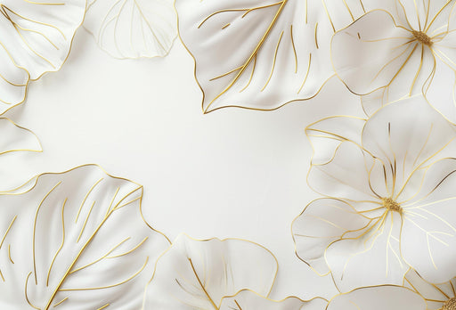White and Gold Mural Wallpaper | Golden Leaves and Flowers