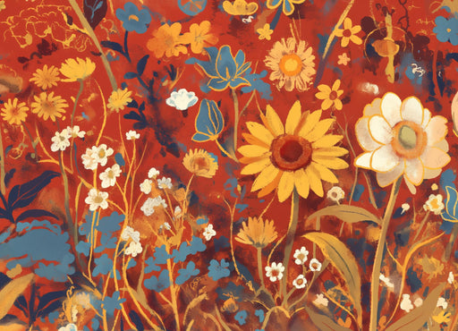 Bohemian Mural Wallpaper | Colorful Flowers on Red Background