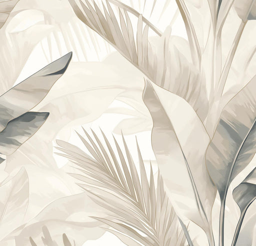 Beige and Green Foliage Mural Wallpaper | Large Leaves
