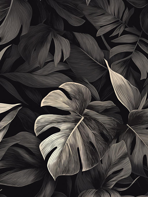 Black and Gray Leaf Mural Wallpaper | Monstera and Palm Tree