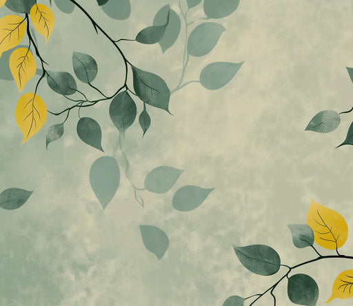 Japandi Mural Wallpaper | Yellow and Green Branches and Leaves