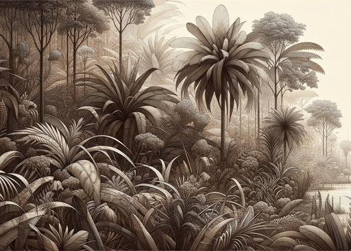 Jungle Mural Wallpaper | Monochrome Tropical Forest with Variety of Plants and Palm Trees