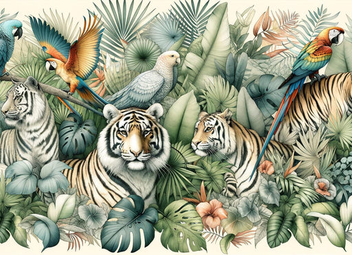 Jungle Mural Wallpaper | Tigers and Parrots Among Tropical Vegetation