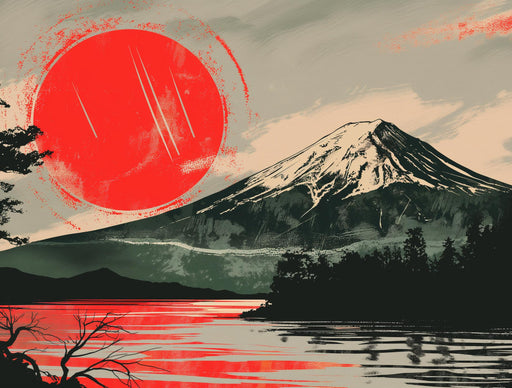 Mount Fuji Mural Wallpaper | Red and Green Painting
