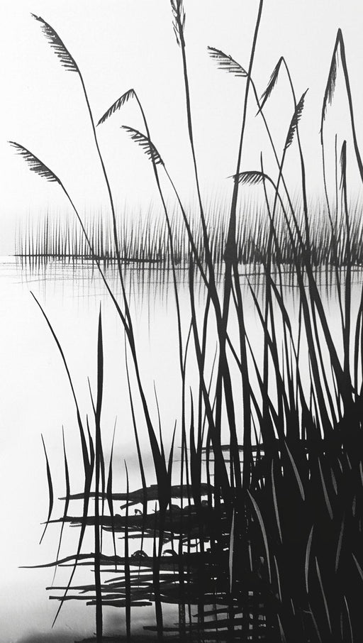 Black and White Mural Wallpaper | Pond and Tall Grasses