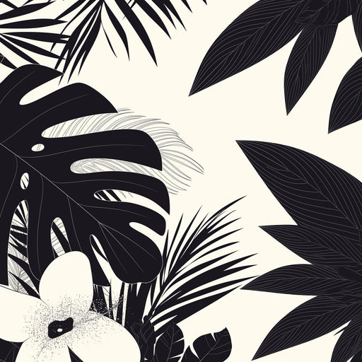 Black and White Mural Wallpaper | Tropical Leaves and Flowers