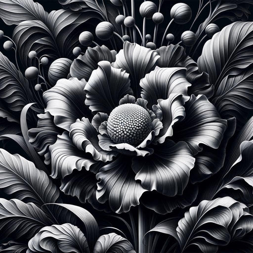 Black and White Mural Wallpaper | Large Flowers with Foliage