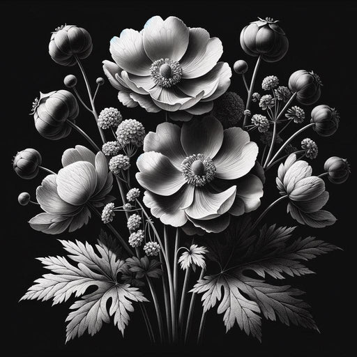 Black and White Mural Wallpaper | Large Flowers with White Open and Closed Petals