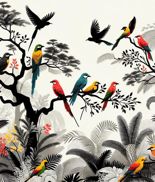 Black and White Mural Wallpaper | Colorful Tropical Birds
