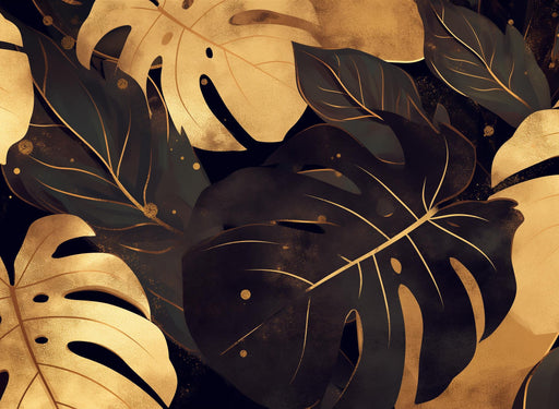 Black and Gold Mural Wallpaper | Golden and Black Monstera Leaves