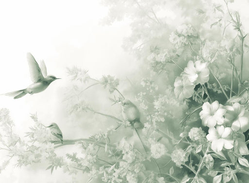 Birds and Flowers Mural Wallpaper | Green Monochrome
