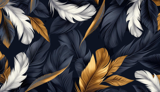 Feather Mural Wallpaper | Navy Gold and White