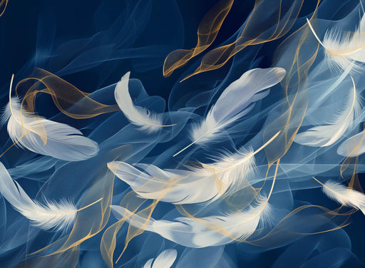 Feather Mural Wallpaper | Blue White and Gold Graphic Style