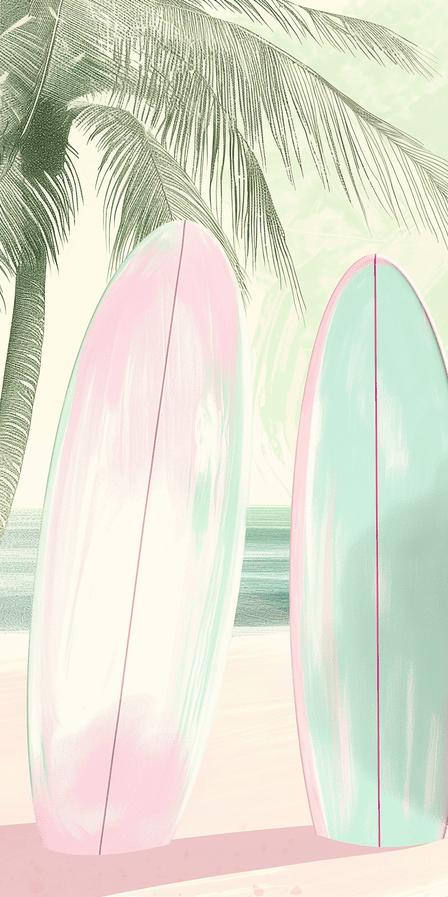 Surf Mural Wallpaper | Pastel Drawing of Boards and Coconut Tree