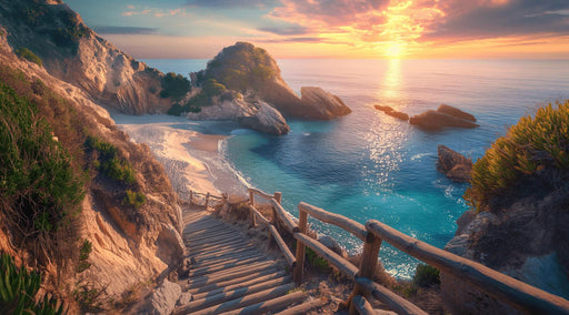 Mural Wallpaper Optical Illusion | Wooden Staircase and Deserted Beach