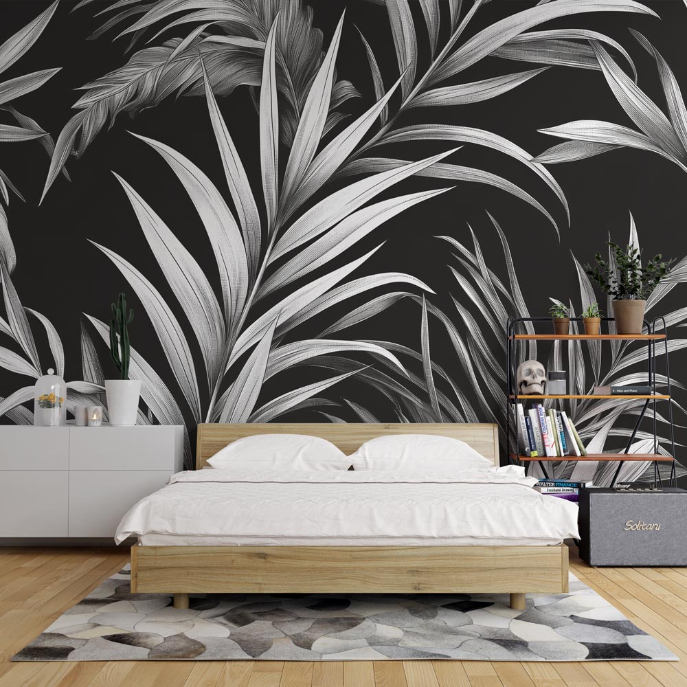 Foliage Mural Wallpaper | Black and White Pencil Style — WonderMural