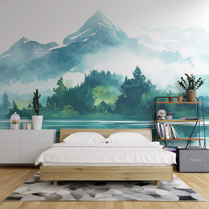 Panoramic Landscape Mural Wallpaper | Green and Pastel