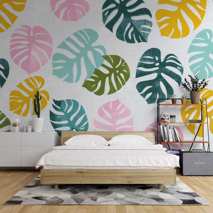 Fototapet monstera | Pastellgul rosa gröna och blå monstera blad