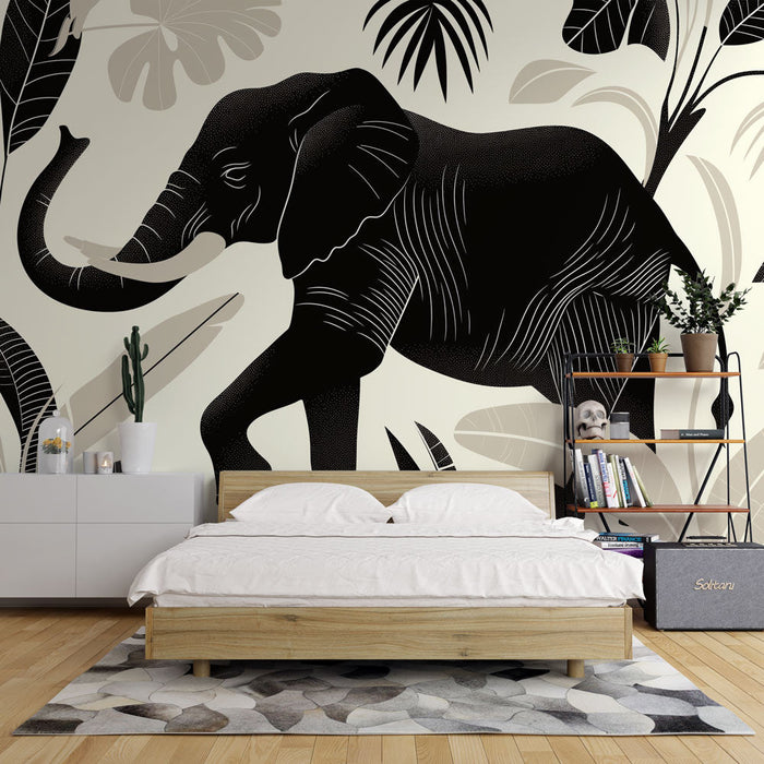 Zwart en Wit Jungle Foto Behang | Olifant Illustratie