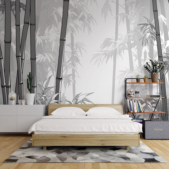 Papel de parede com mural de floresta de bambu | Design monocromático preto e branco