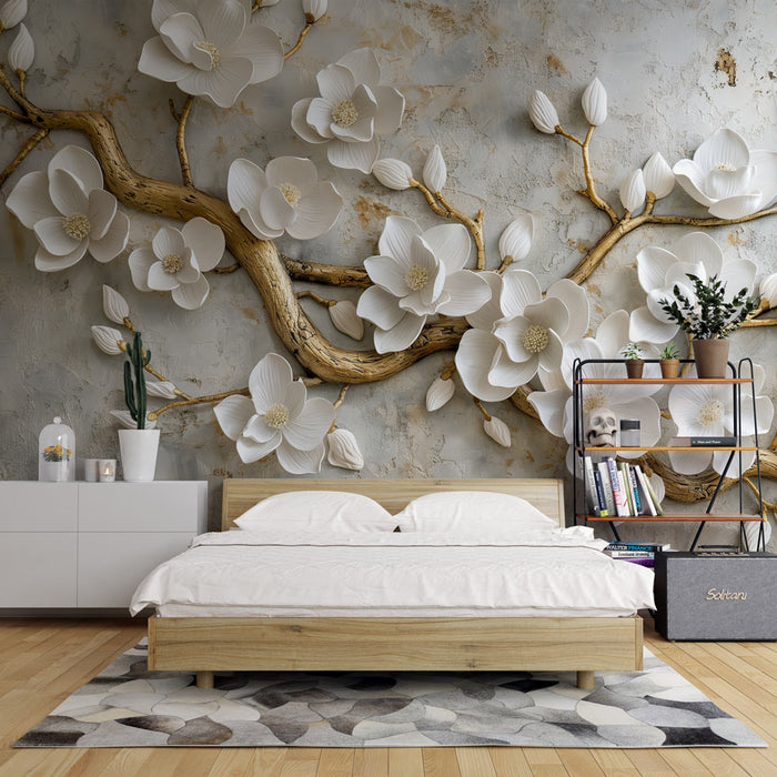 Headboard Mural Wallpaper | Golden Tree and Flowers