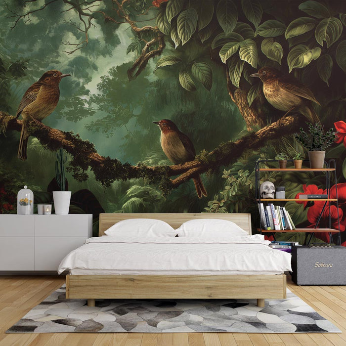 Mural Wallpaper bird | Trio in the flowery jungle