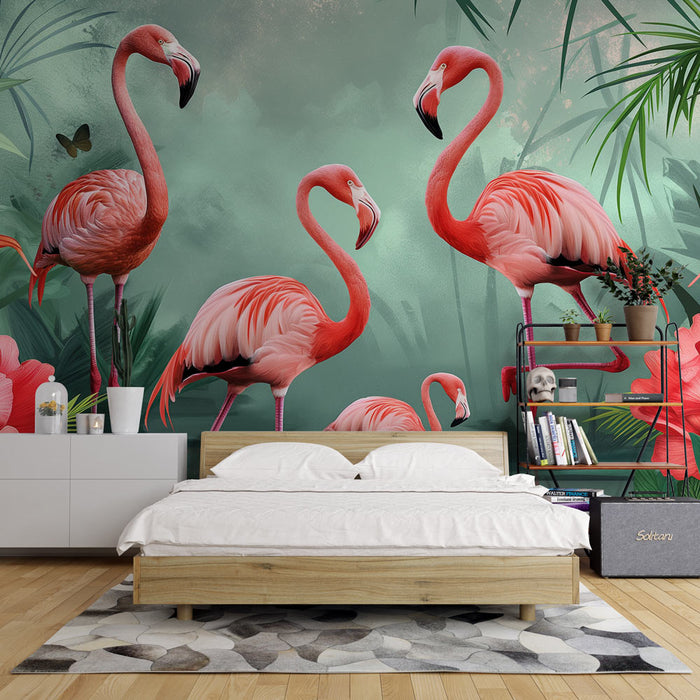 Mural Wallpaper bird | Pink flamingos and lush vegetation