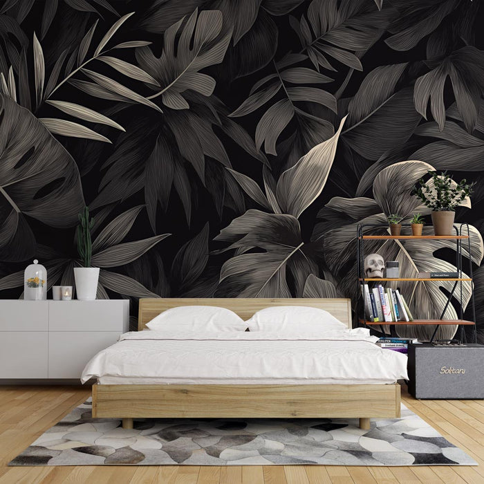 Papel pintado de hojas negras y grises | Monstera y palmera