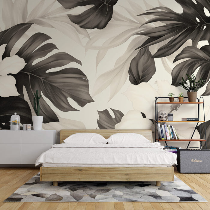 Le titre traduit en anglais américain est : Leaves and Flowers Mural Wallpaper | Black and White