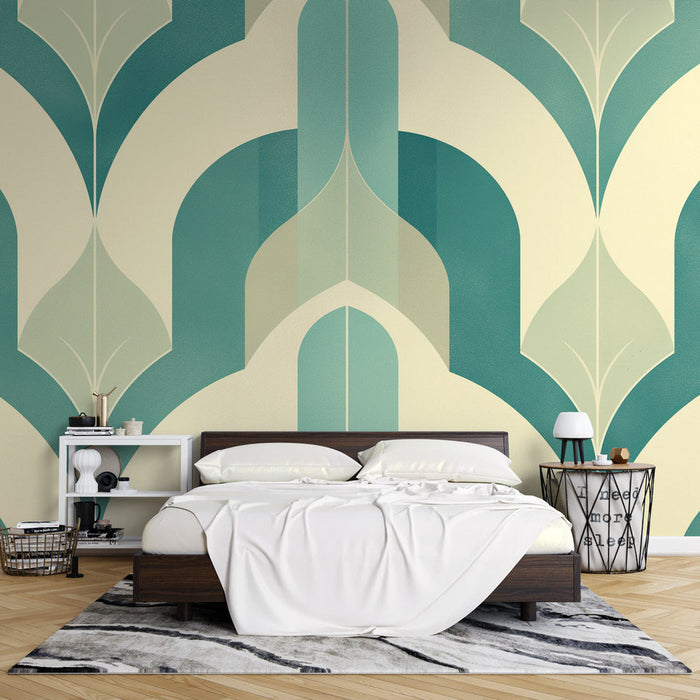 Papel pintado mural Art Deco contemporáneo | Formas simétricas verdes