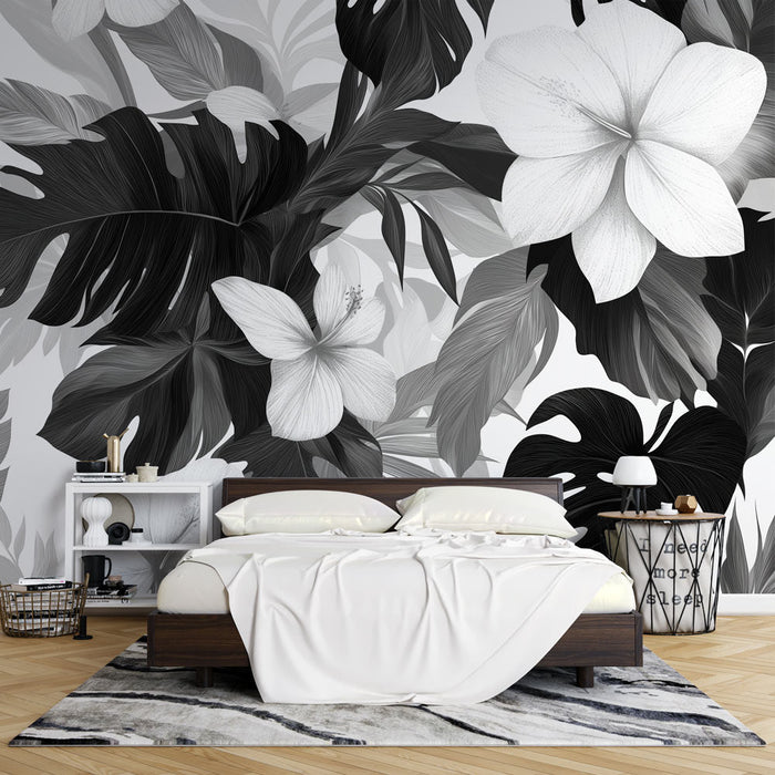 Papel de parede com Mural de Flor de Hibisco | Preto e Branco