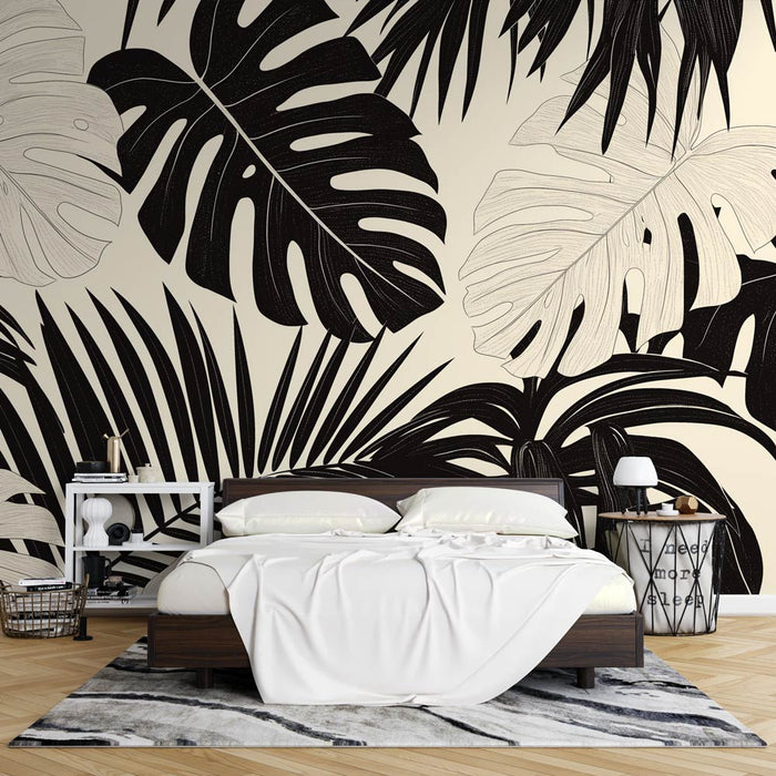 Monstera and Palm Trees Mural Wallpaper | Black and White Leaves