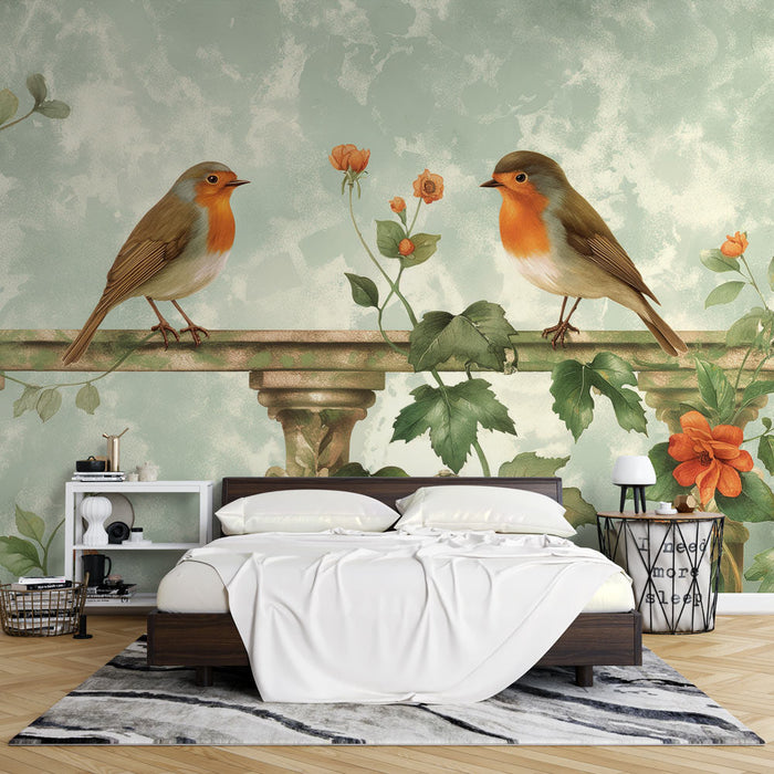 Mural Wallpaper bird | Robins and roses