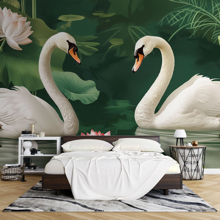 Mural Wallpaper bird | Swans and water lilies