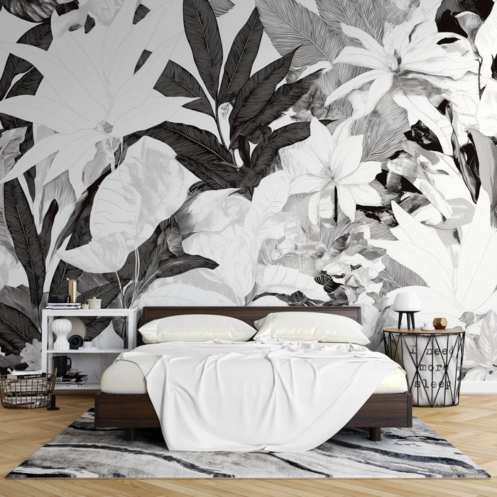 Papel pintado en blanco y negro | Flores tropicales dibujadas a mano