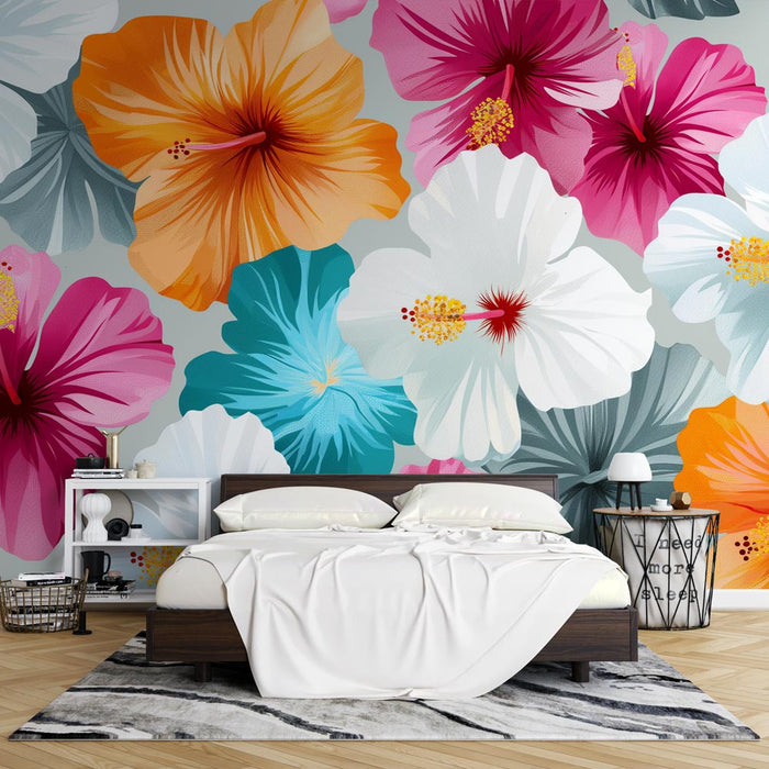 Tapeta kwiaty hibiskusa | Grono różowych, pomarańczowych i białych kwiatów