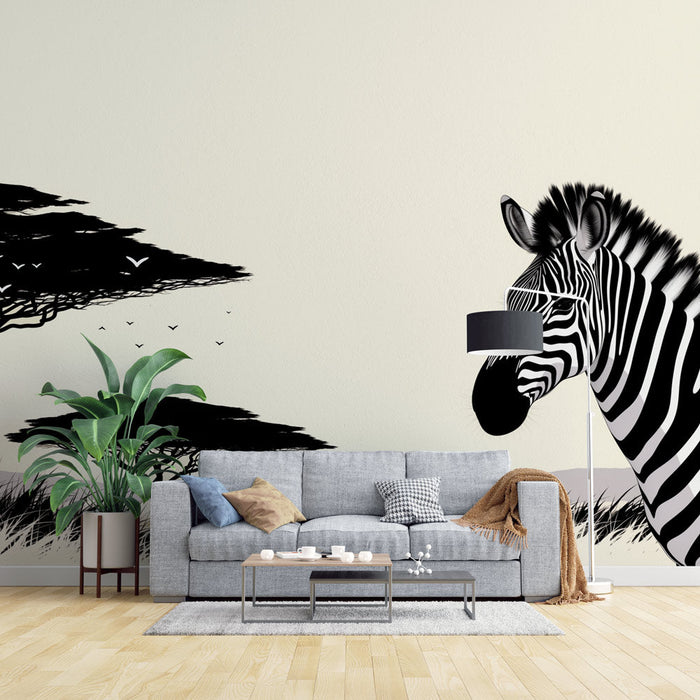 Zebra Wallpaper | Savanna in Beige Sky