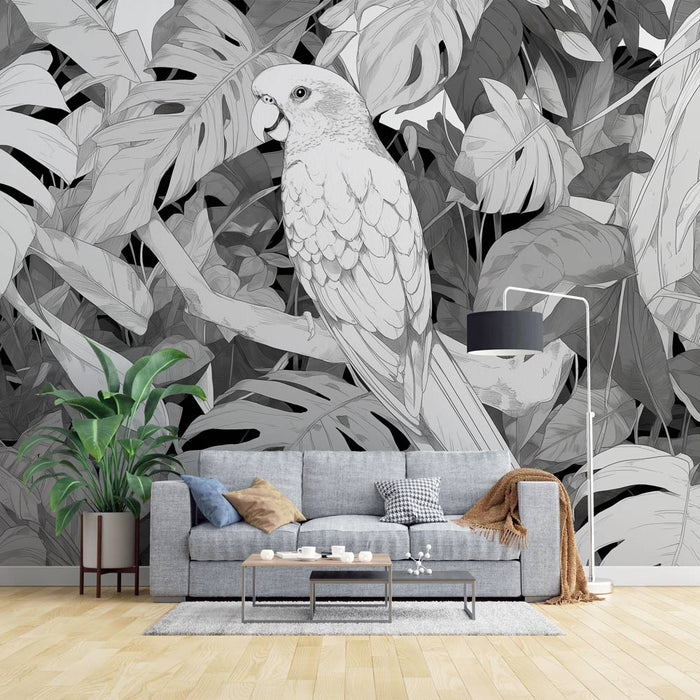 Black and White Jungle Mural Wallpaper | Parrot Surrounded by Leaves