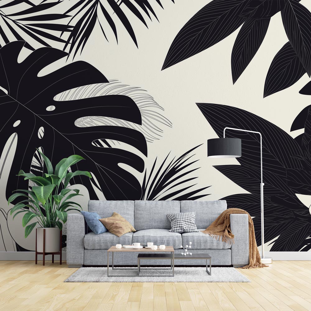 Black and White Mural Wallpaper | Tropical Leaves and Flowers — WonderMural