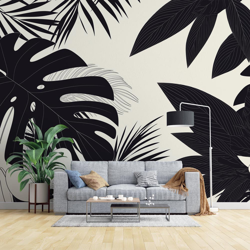 Black and White Mural Wallpaper | Tropical Leaves and Flowers — WonderMural