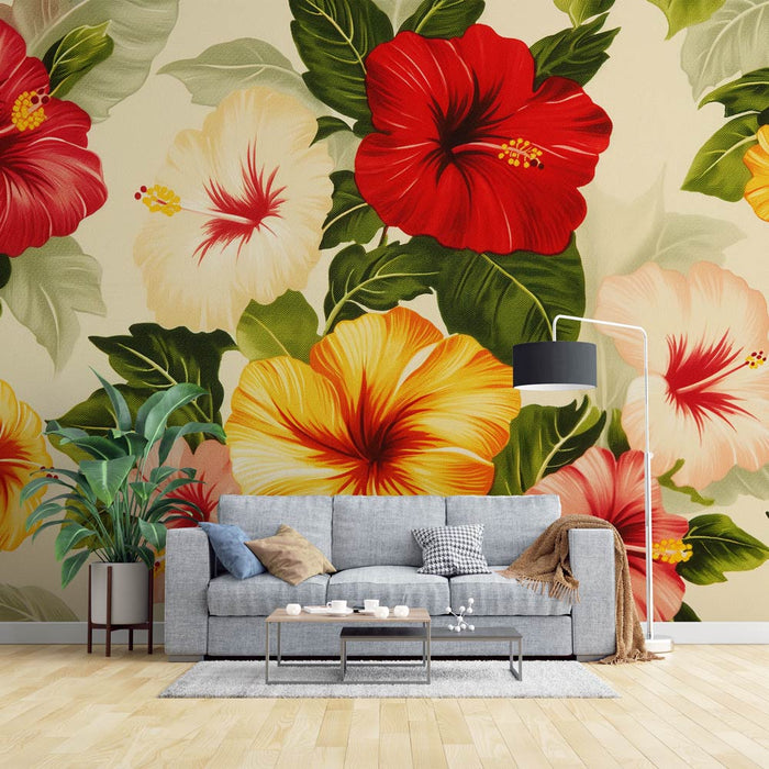 Foto Behang hibiscus bloemen | Vintage schilderij met felle kleuren