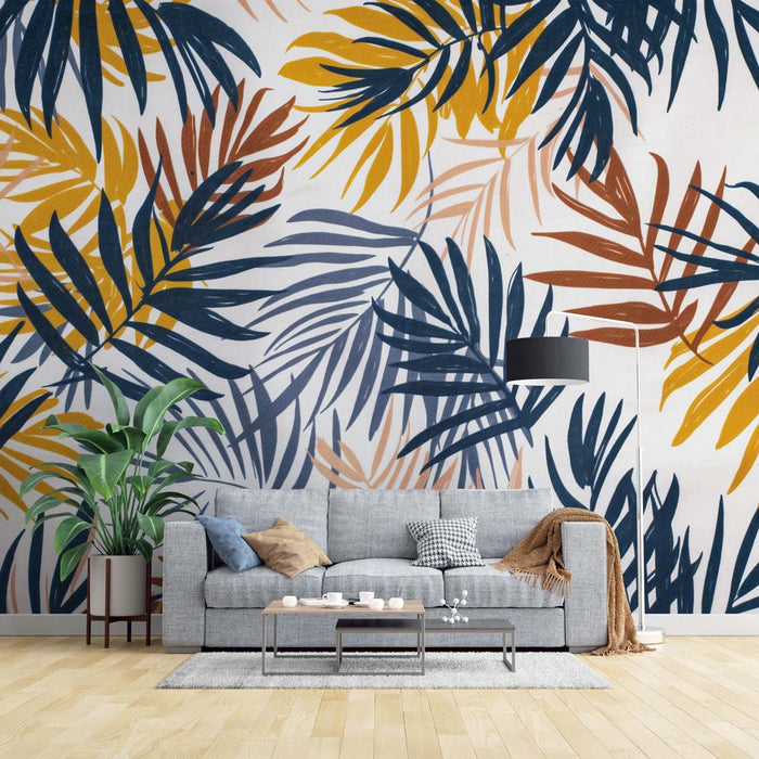 Falfestmény tapéta pálmalevelek | Sárga, kék és rózsaszín levelek