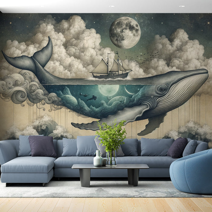 Walvis Foto Behang | Vliegende walvis, schip en maan op nachtelijke achtergrond met wolkachtige wolken