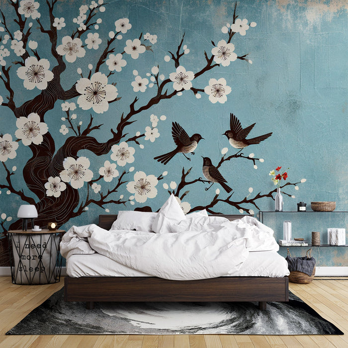 Papel pintado de mural de flor de cerezo japonés | Fondo azul envejecido en estilo de pintura al óleo con pájaros y flores blancas