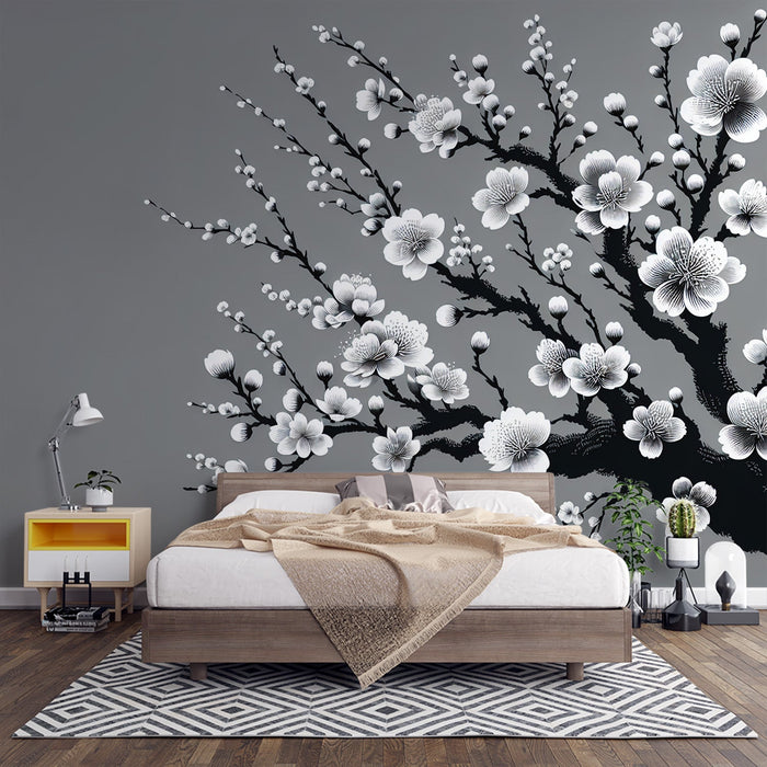 Mustavalkoinen japanilainen kirsikkapuun tapetti | Musta runko ja valkoiset kukat harmaalla taustalla